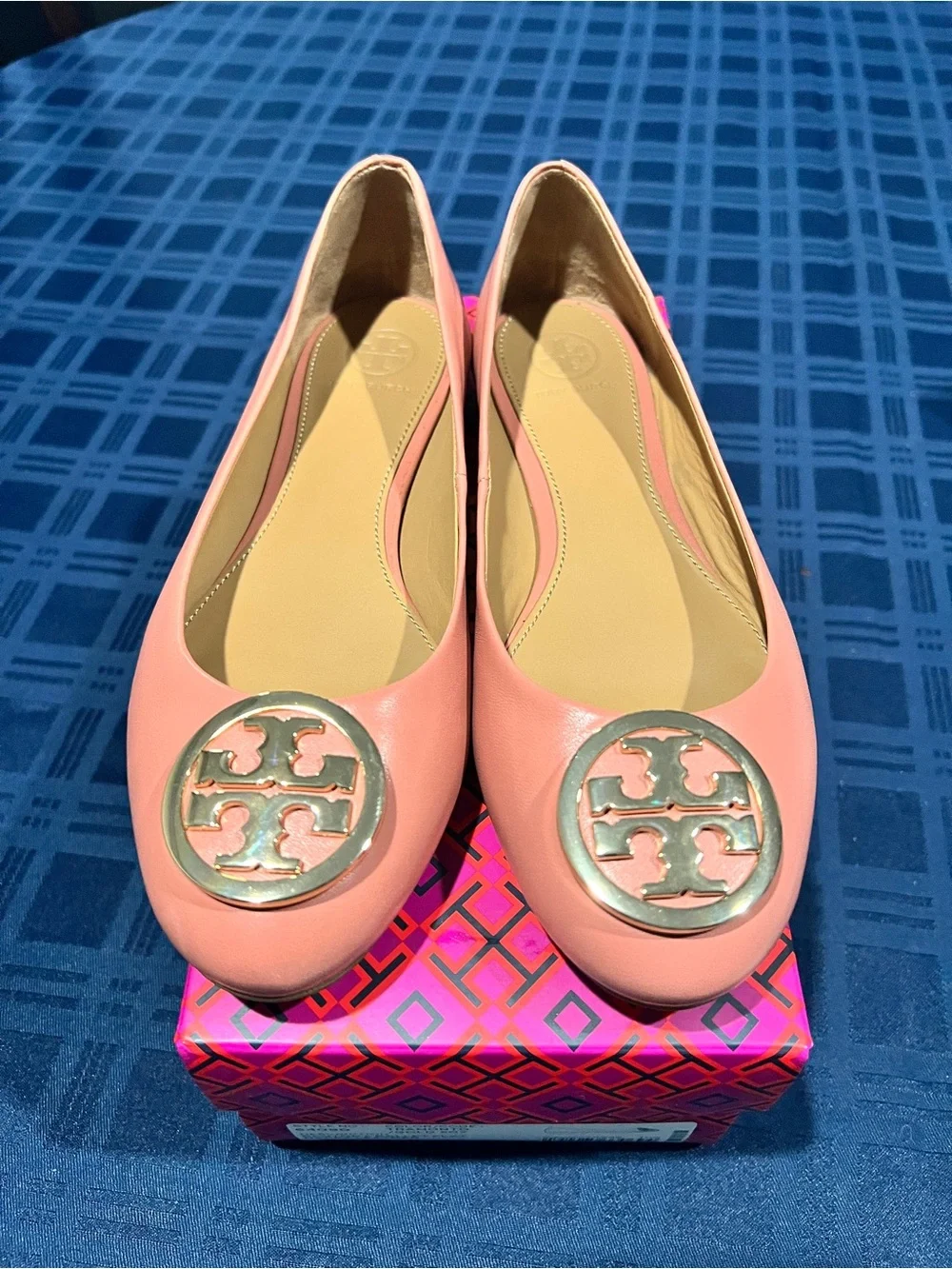 Tory Burch Benton 2 Coral Pink Tramonto Nappa Leather Logo Ballet Flats